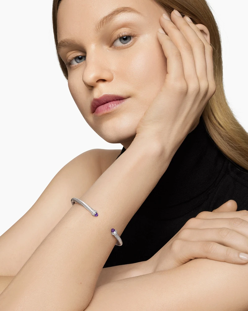 Classic Cable Bracelet Sterling Silver with Amethyst and Diamonds, 4mm