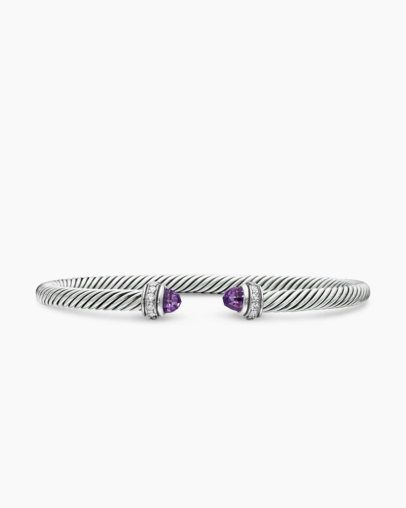 Classic Cable Bracelet Sterling Silver with Amethyst and Diamonds, 4mm