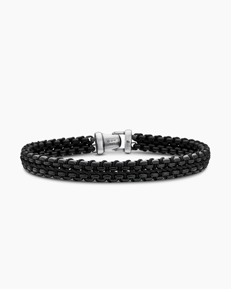 Woven Box Chain Bracelet Sterling Silver with Black Stainless Steel and Nylon, 10mm