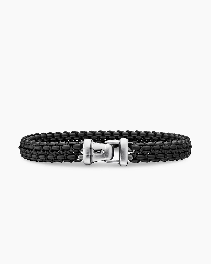 Woven Box Chain Bracelet Sterling Silver with Black Stainless Steel and Nylon, 10mm