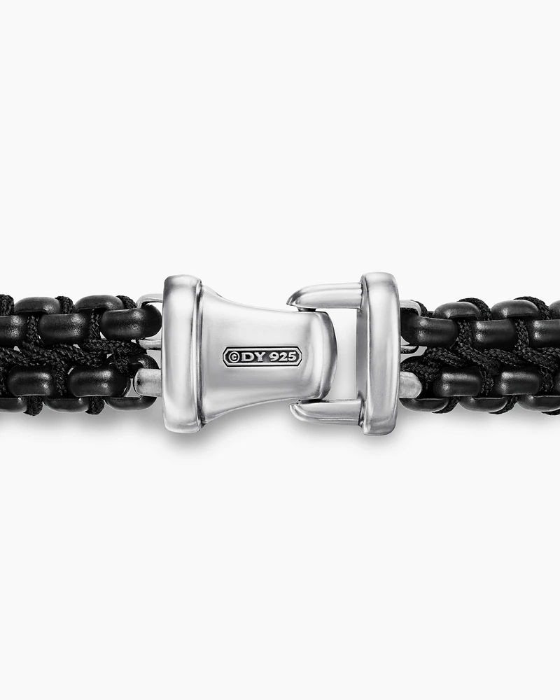 Woven Box Chain Bracelet Sterling Silver with Black Stainless Steel and Nylon, 10mm