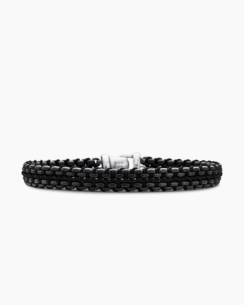 Woven Box Chain Bracelet Sterling Silver with Black Stainless Steel and Nylon, 10mm