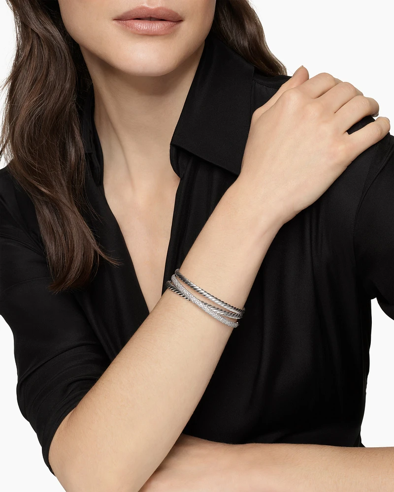 Pavé Crossover Three Row Cuff Bracelet Sterling Silver with Diamonds, 20mm