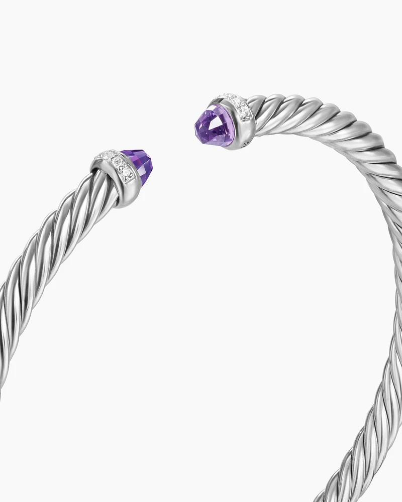 Cable Flex Bracelet Sterling Silver with Amethyst and Diamonds, 4mm