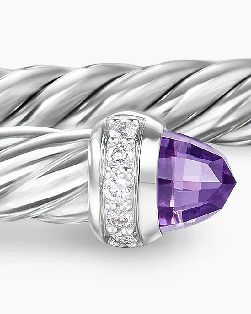 Cable Flex Bracelet Sterling Silver with Amethyst and Diamonds, 4mm