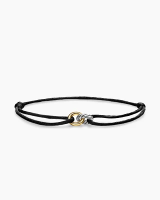 Sculpted Cable Linked Cord Bracelet Black Nylon with Sterling Silver and 14K Yellow Gold, 8.7mm