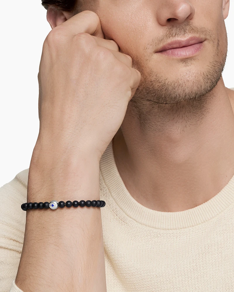 Spiritual Beads Evil Eye Bracelet in Sterling Silver with Black Onyx and Sapphire, 6mm