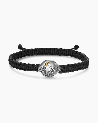 Waves Black Nylon Woven Station Bracelet with Sterling Silver and 18K Yellow Gold, 15mm