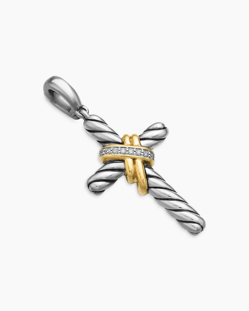 X Cross Pendant in Sterling Silver with 18K Yellow Gold and Diamonds, 32mm