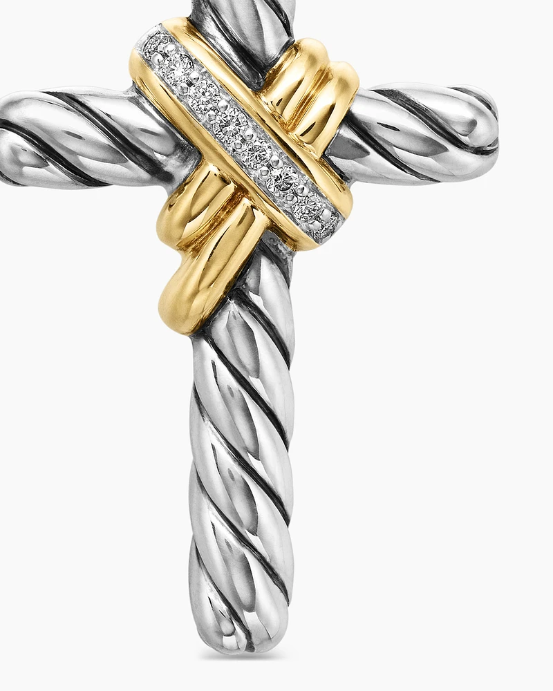 X Cross Pendant in Sterling Silver with 18K Yellow Gold and Diamonds, 32mm