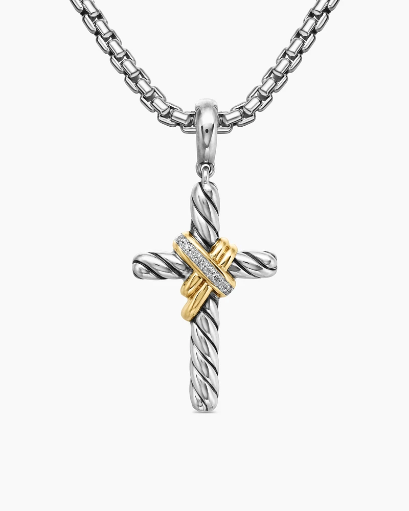 X Cross Pendant in Sterling Silver with 18K Yellow Gold and Diamonds, 32mm