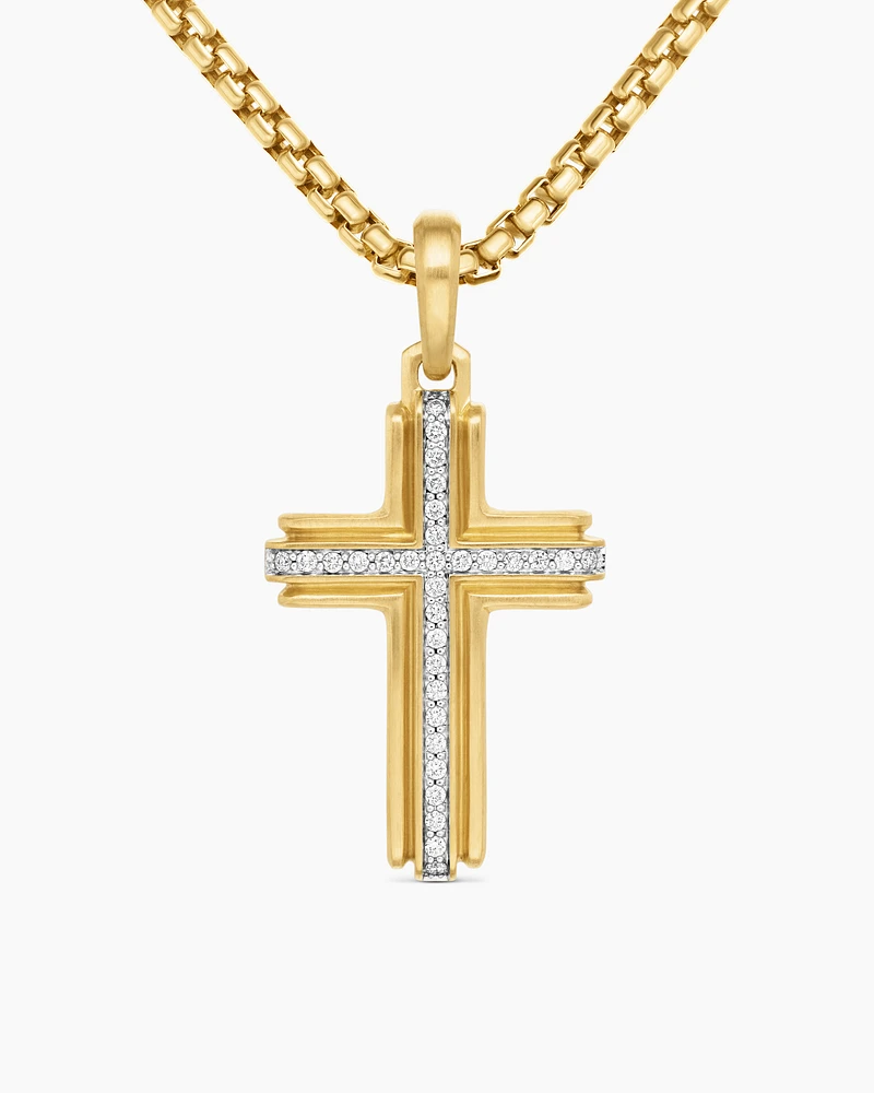 Deco Cross Pendant in 18K Yellow Gold with Diamonds, 34mm