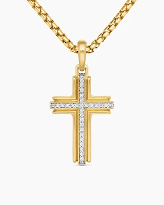 Deco Cross Pendant in 18K Yellow Gold with Diamonds, 34mm