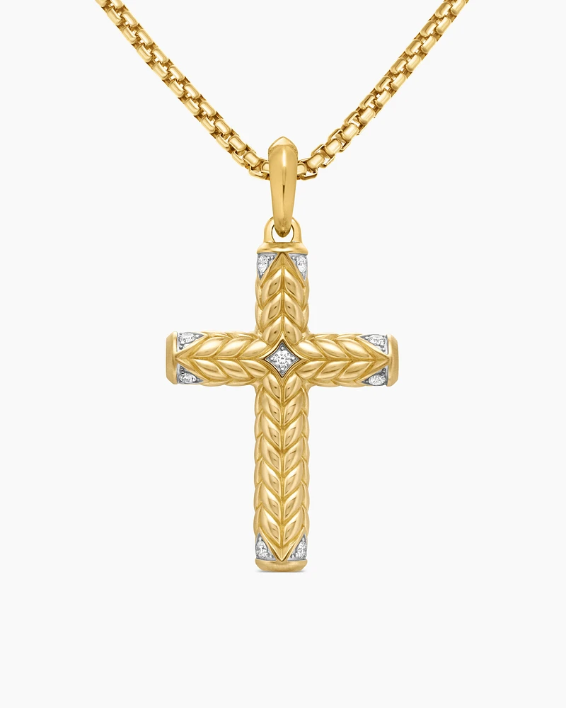 Chevron Sculpted Cross Pendant in 18K Yellow Gold with Diamonds, 49mm