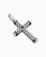 Chevron Sculpted Cross Pendant in Sterling Silver with Black Diamonds, 49mm