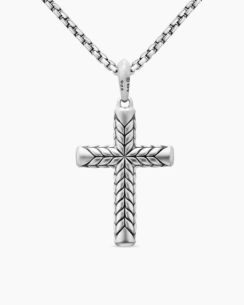 Chevron Sculpted Cross Pendant in Sterling Silver with Black Diamonds, 49mm