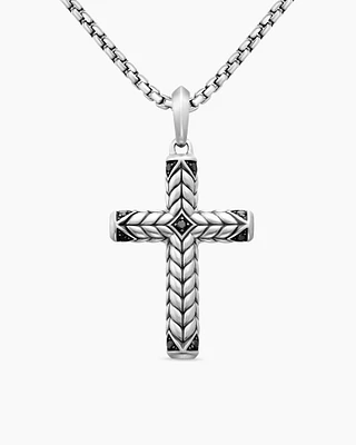 Chevron Sculpted Cross Pendant in Sterling Silver with Black Diamonds, 49mm