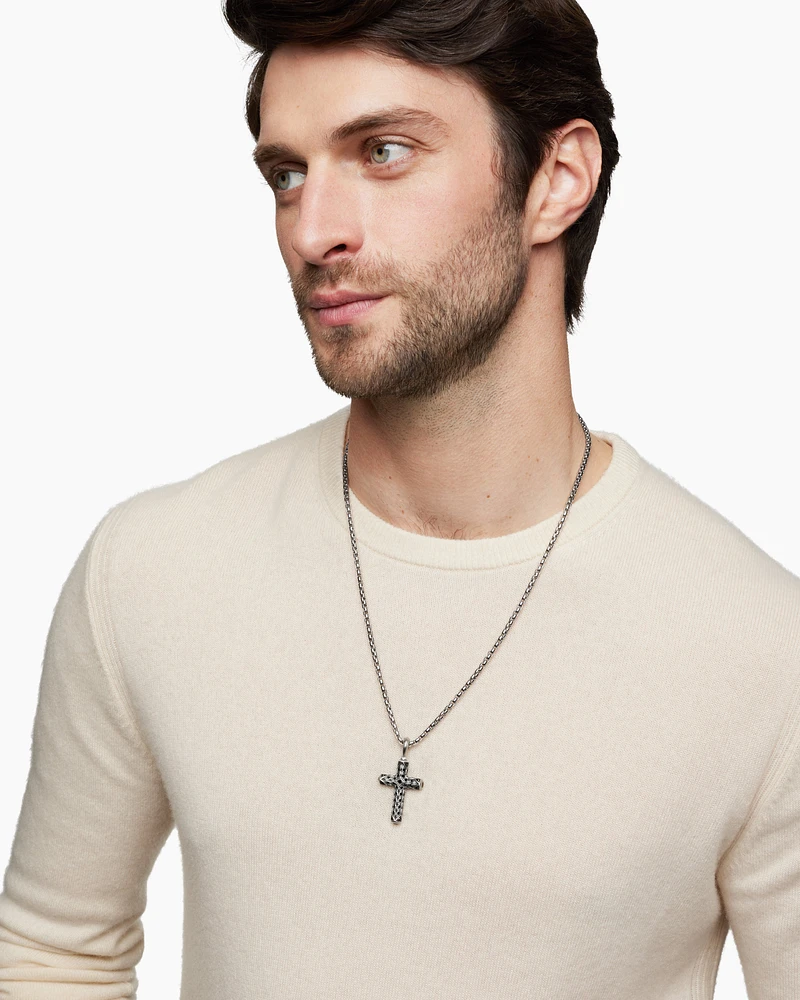 Chevron Cross Pendant in Sterling Silver with Black Diamonds