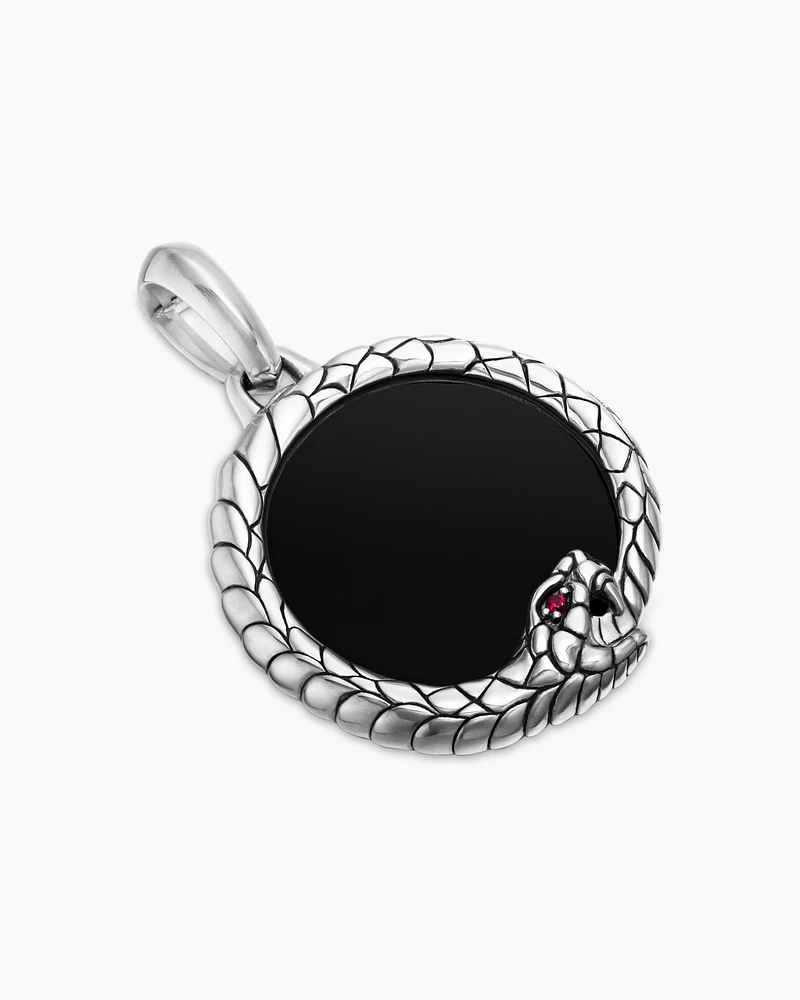 Cairo Ouroboros Amulet in Sterling Silver with Black Onyx and Ruby, 25mm
