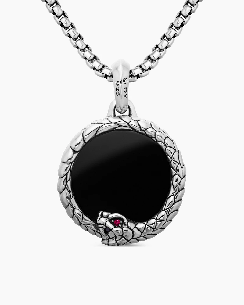 Cairo Ouroboros Amulet in Sterling Silver with Black Onyx and Ruby, 25mm