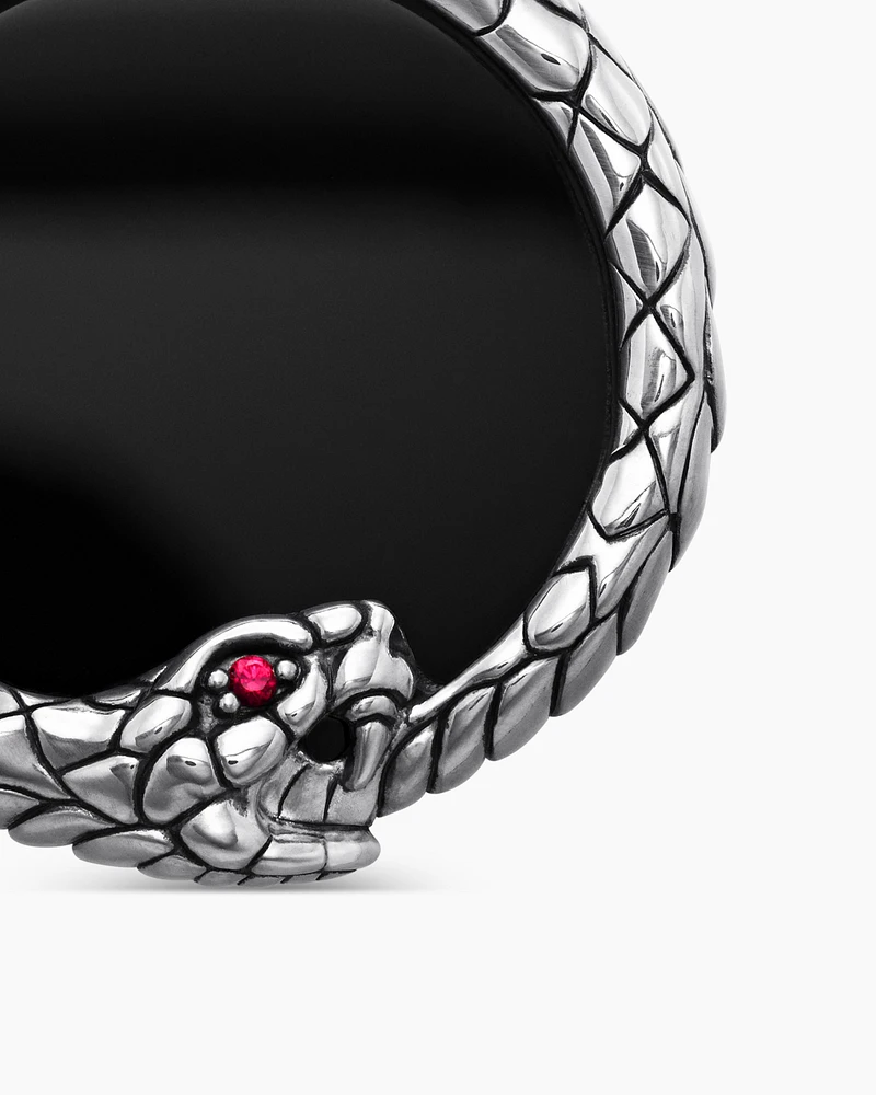 Cairo Ouroboros Amulet in Sterling Silver with Black Onyx and Ruby, 25mm
