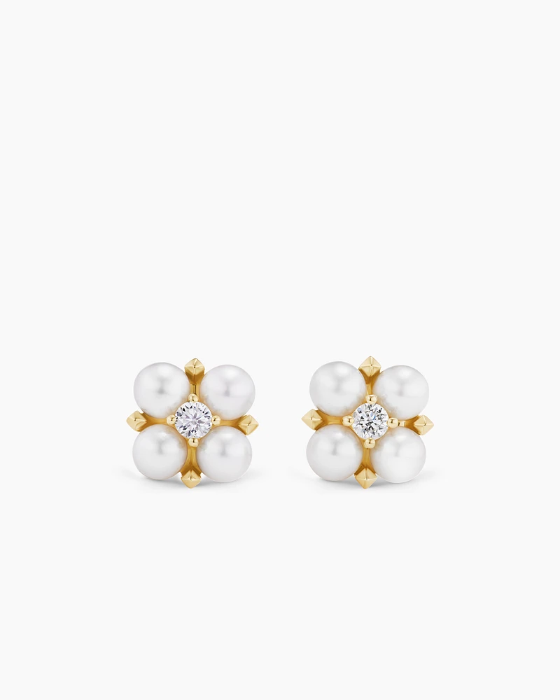 Petite Modern Renaissance Pearl Stud Earrings in 18K Yellow Gold with Diamonds, 7.8mm