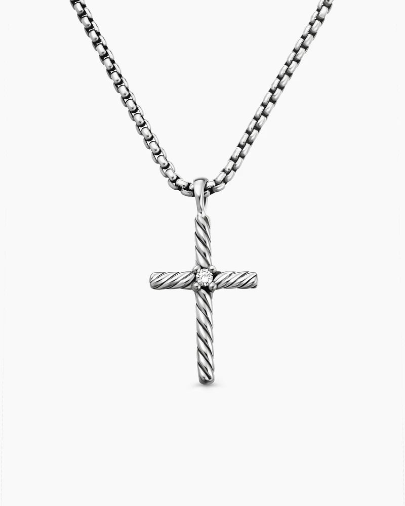 Classic Cable Cross Necklace Sterling Silver with Centre Diamond, 24.3mm
