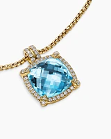 Chatelaine® Pavé Bezel Pendant Necklace in 18K Yellow Gold with Blue Topaz and Diamonds, 14mm