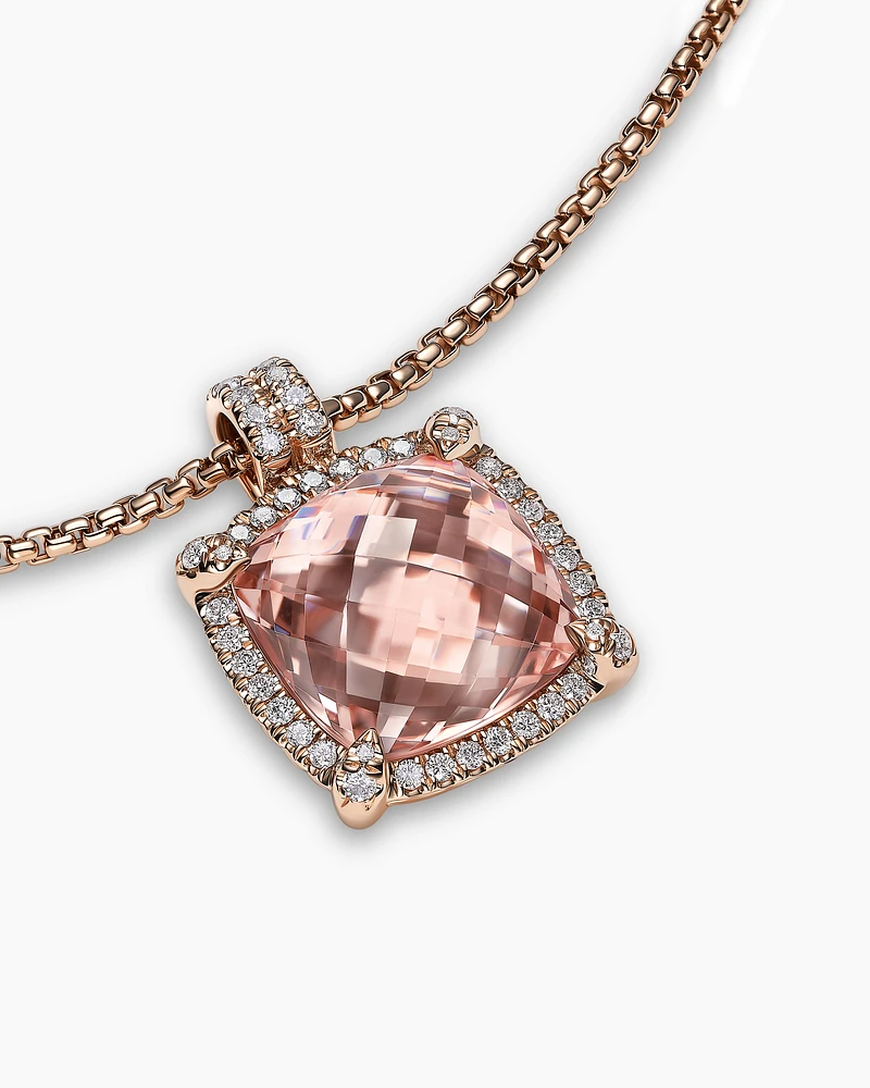 Chatelaine® Pavé Bezel Pendant Necklace in 18K Rose Gold with Morganite and Diamonds, 14mm