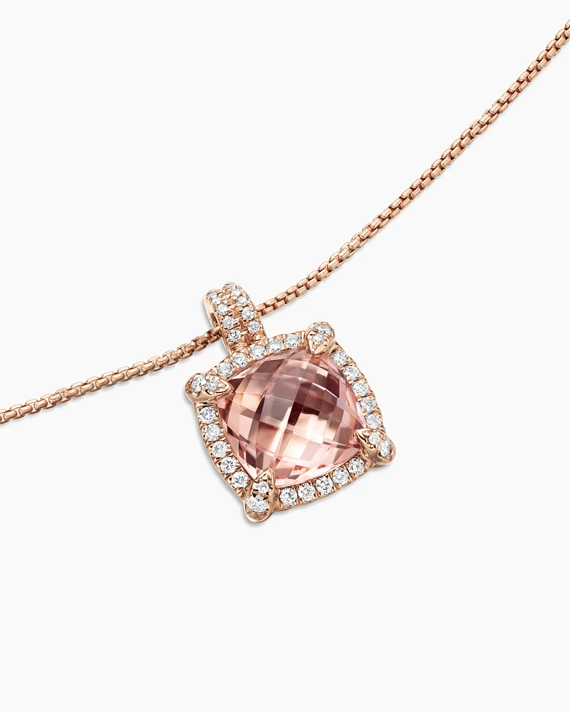Chatelaine® Pavé Bezel Pendant Necklace in 18K Rose Gold with Morganite and Diamonds, 9mm