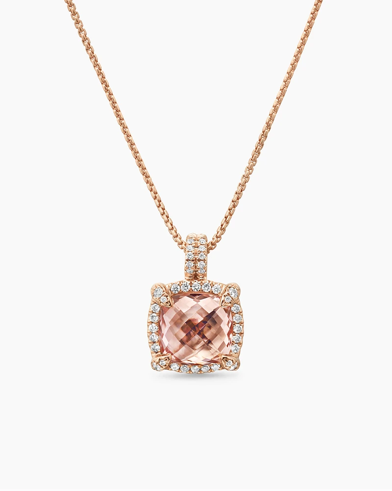 Chatelaine® Pavé Bezel Pendant Necklace in 18K Rose Gold with Morganite and Diamonds, 9mm