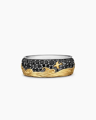 Waves Band Ring Sterling Silver with 18K Yellow Gold and Black Diamonds, 8.7mm