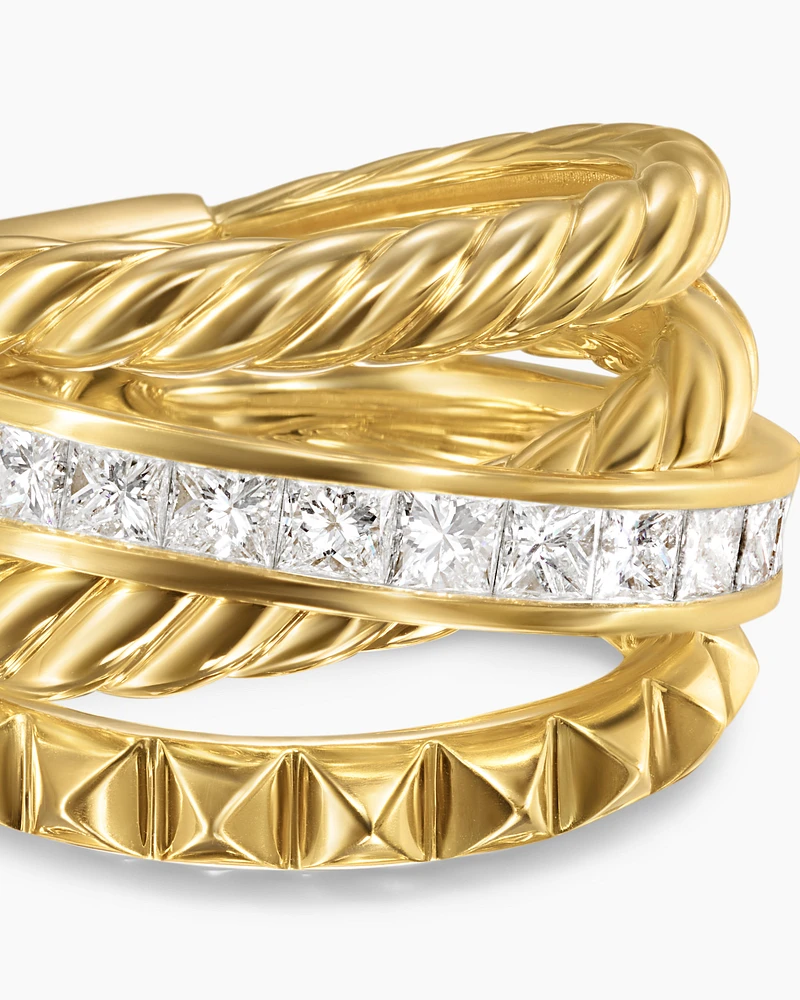 Crossover Trio Four Row Ring 18K Yellow Gold with Diamonds, 15mm