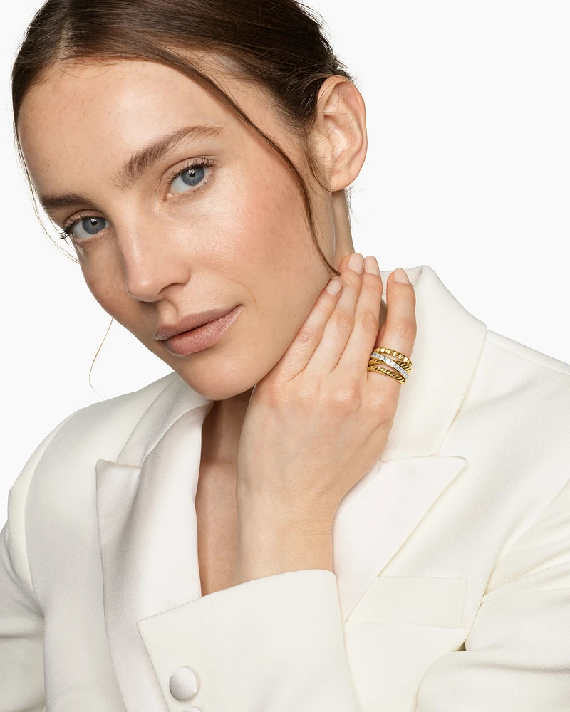 Crossover Trio Four Row Ring 18K Yellow Gold with Diamonds, 15mm