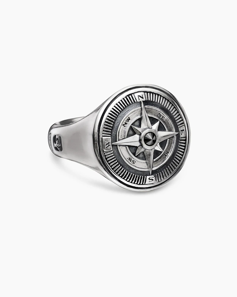 Maritime® Compass Signet Ring Sterling Silver with Centre Black Diamond, 19.4mm