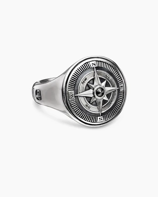 Maritime® Compass Signet Ring Sterling Silver with Centre Black Diamond, 19.4mm