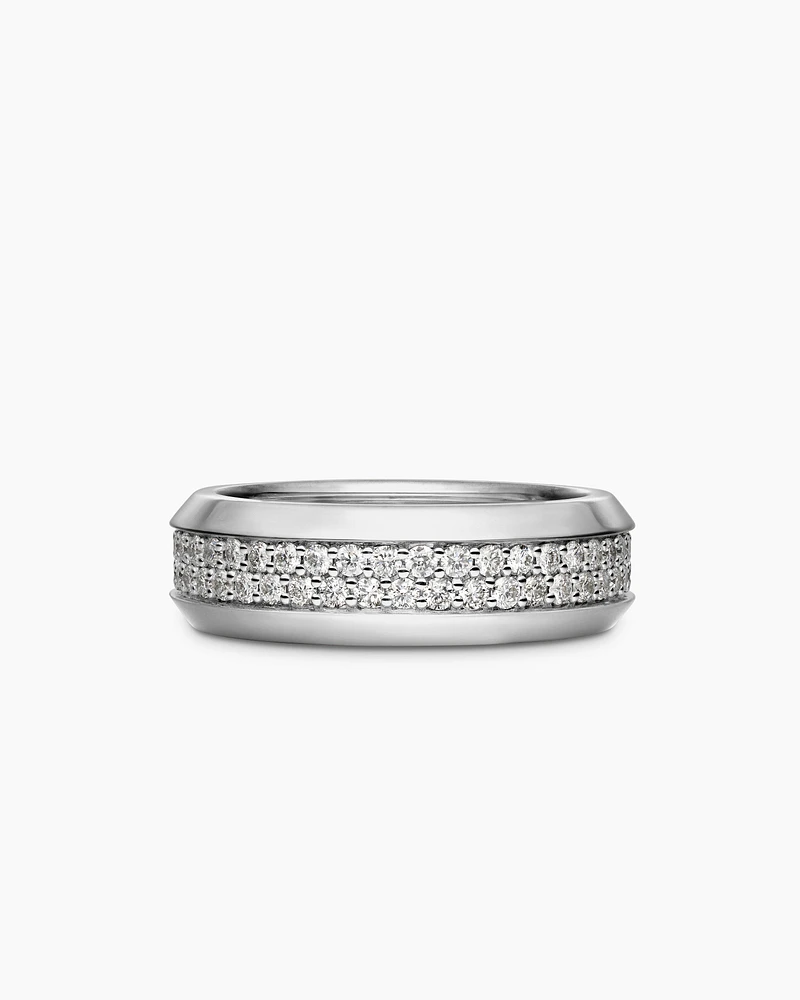 Bevelled Two Row Band Ring 18K White Gold with Diamonds, 8mm