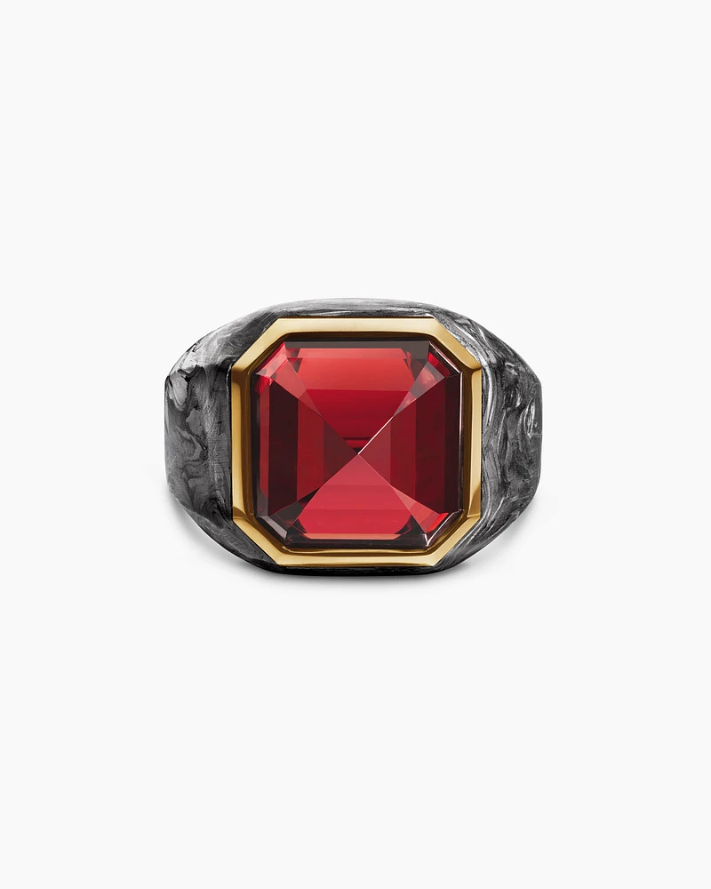 Forged Carbon Signet Ring in 18K Yellow Gold and Garnet, 17.7mm