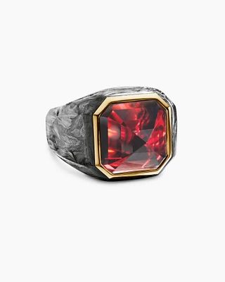 Forged Carbon Signet Ring in 18K Yellow Gold and Garnet, 17.7mm