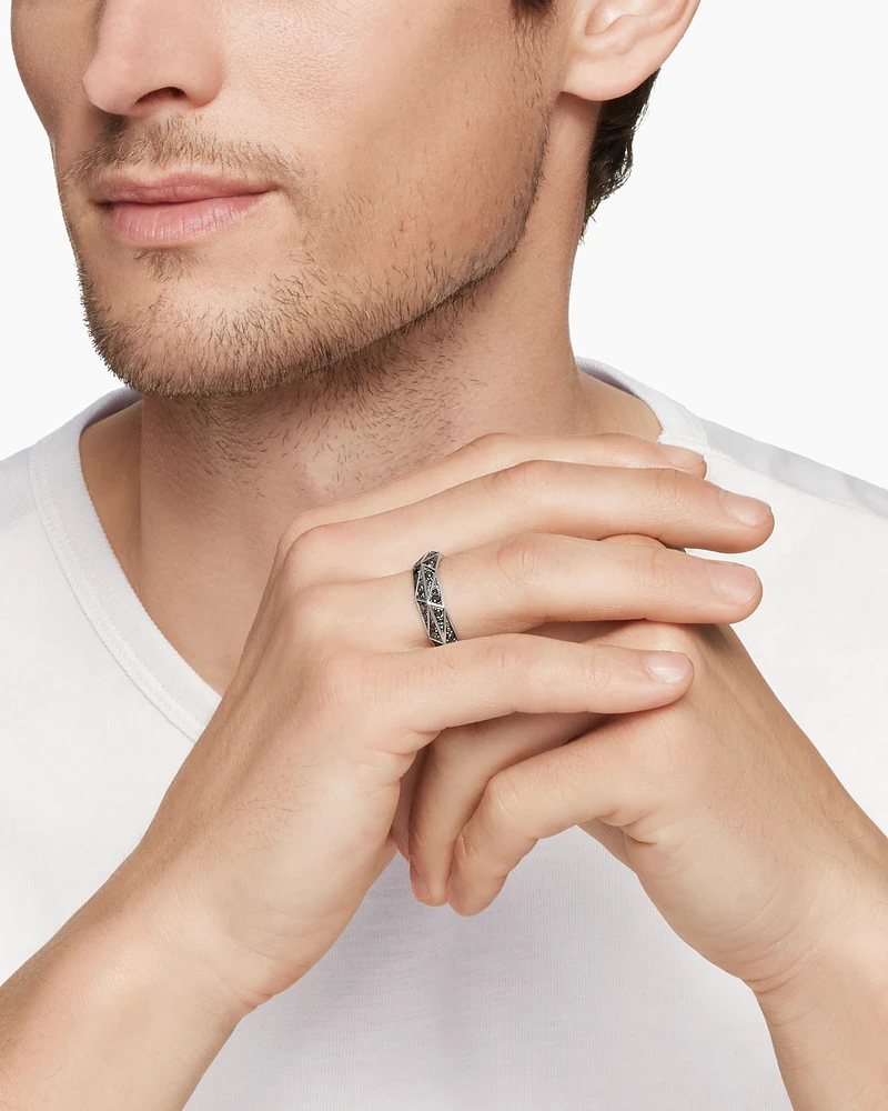 Torqued Faceted Band Ring Sterling Silver with Black Diamonds, 6mm