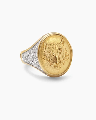 Petrvs® Wolf Signet Ring in 18K Yellow Gold with Diamonds, 21.5mm