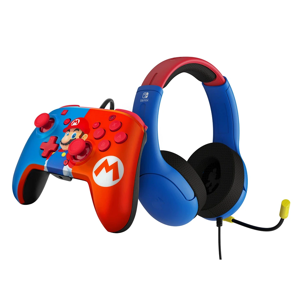 PDP AIRLITE Wired Headset and REMATCH Wired Controller Bundle for Nintendo Switch - Mario Dash