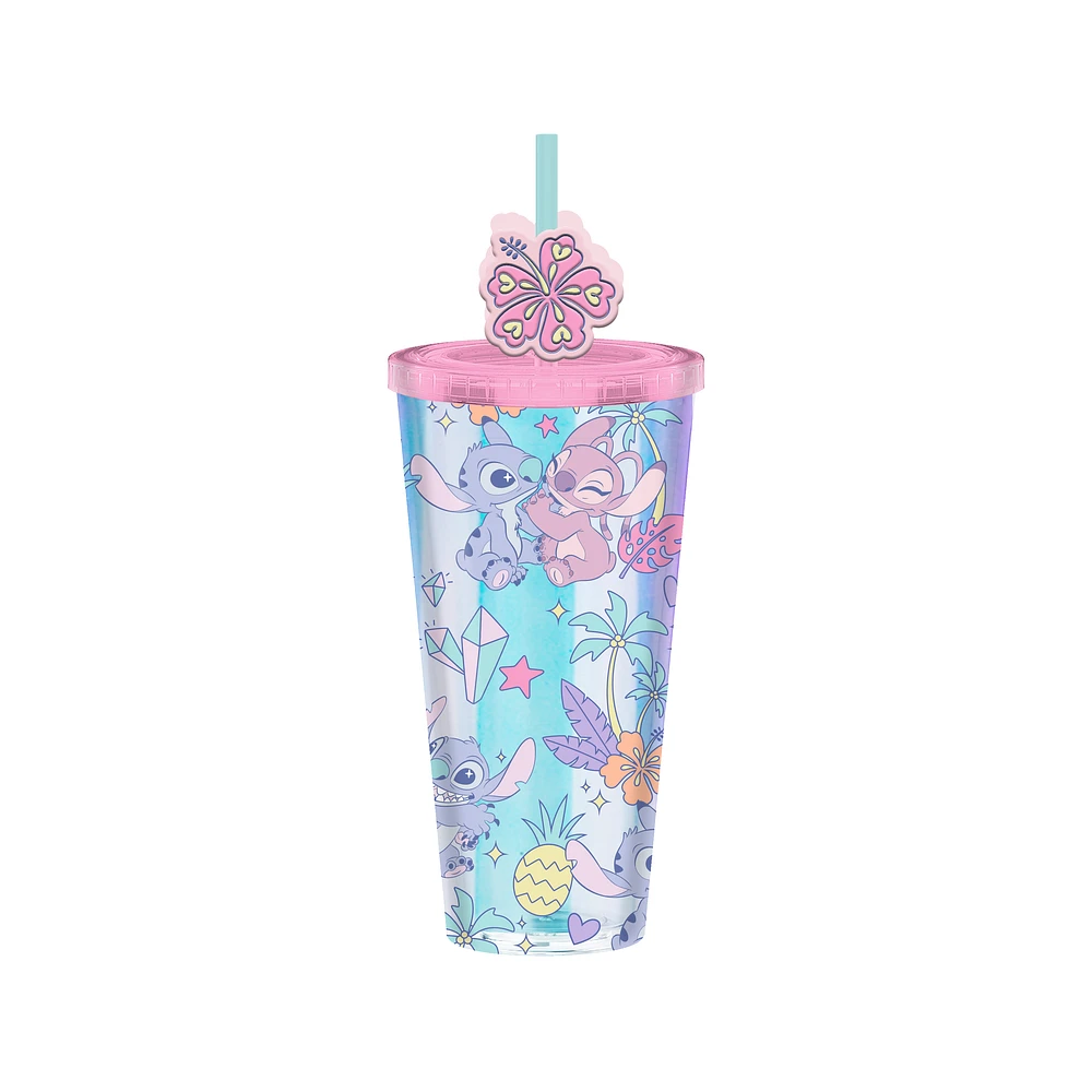 Lilo and Stitch - Stitch and Angel Pastel Pearlescent Plastic Cold 24oz Cup with Lid and Topper Straw