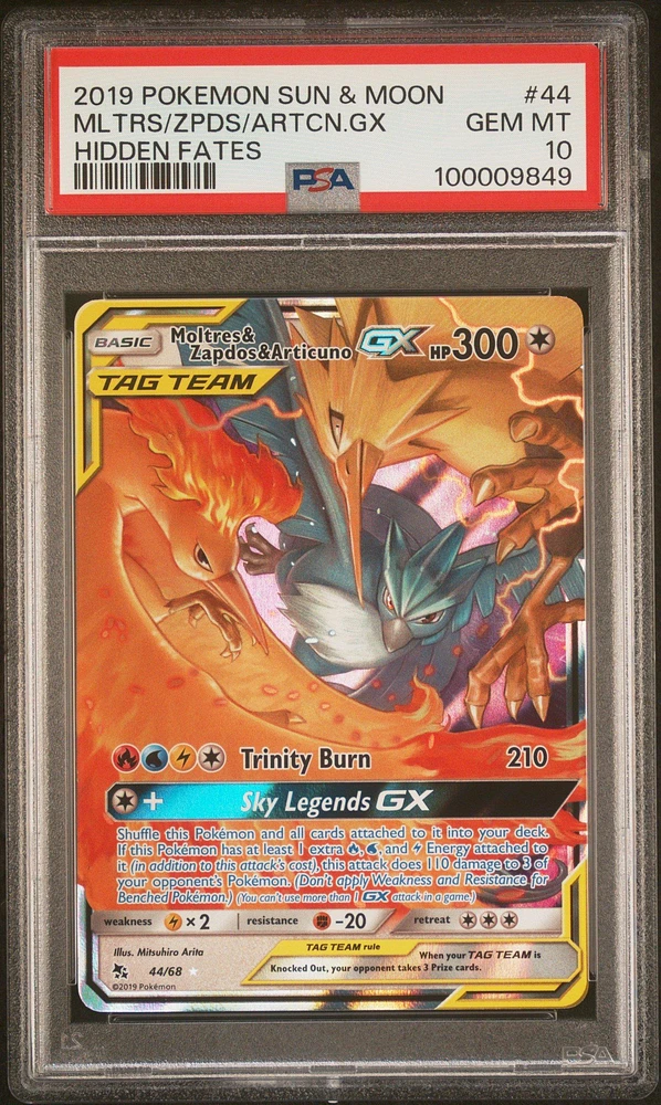 2019 Pokemon Sun & Moon Hidden Fates 44 Moltres & Zapdos & Articuno Gx PSA