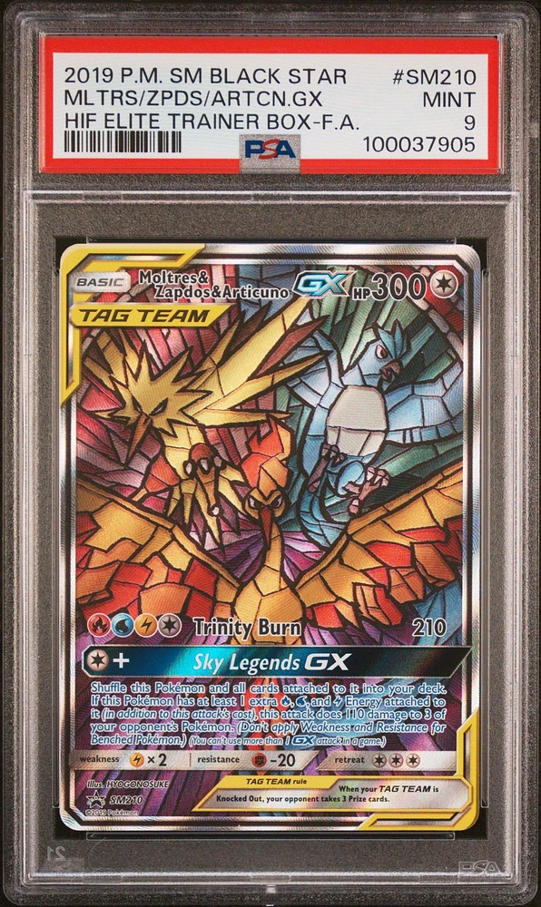 2019 Pokemon Sm Black Star Promo Sm210 Full Art/moltres & Zapdos & Articuno Gx Hidden Fates Elite Trainer Box PSA