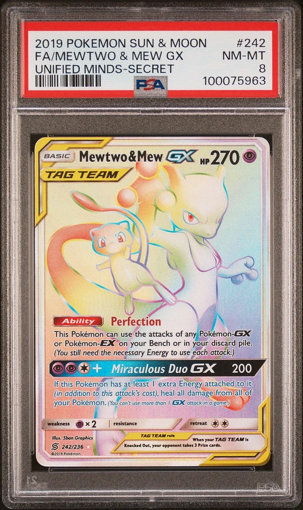 2019 Pokemon Sun & Moon Unified Minds 242 Full Art/mewtwo & Mew Gx Secret PSA