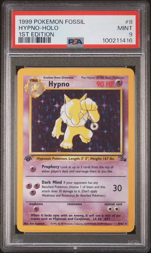 1999 Pokemon Fossil 8 Hypno-holo 1st Edition PSA