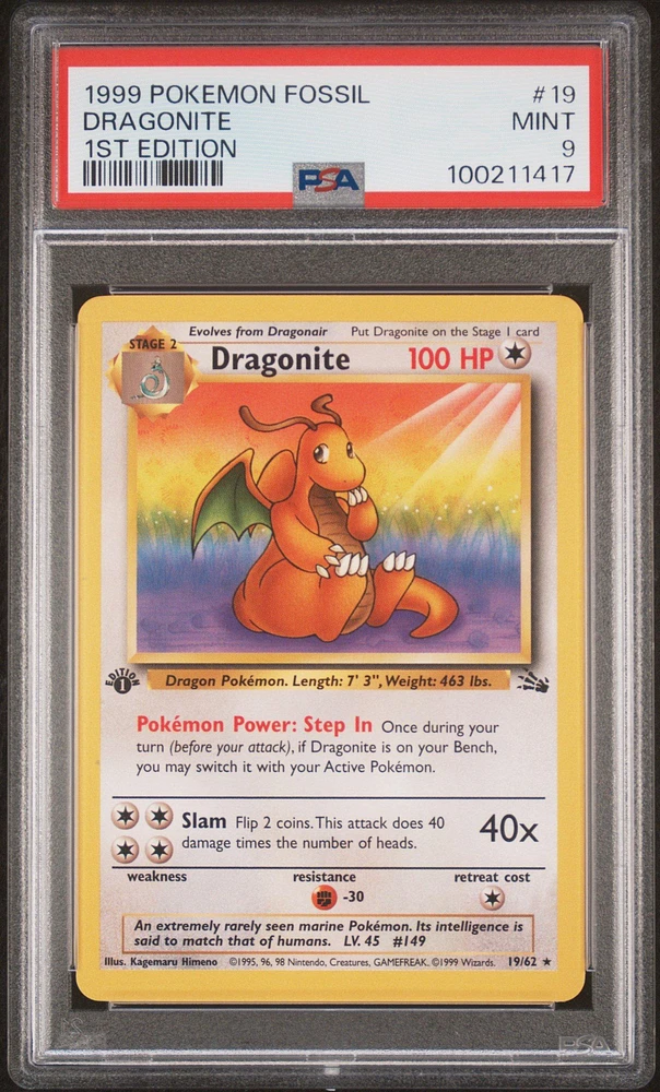 1999 Pokemon Fossil 19 Dragonite 1st Edition PSA