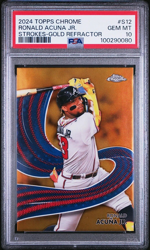 2024 Topps Chrome Strokes S12 Ronald Acuna Jr. Gold Refractor PSA 10