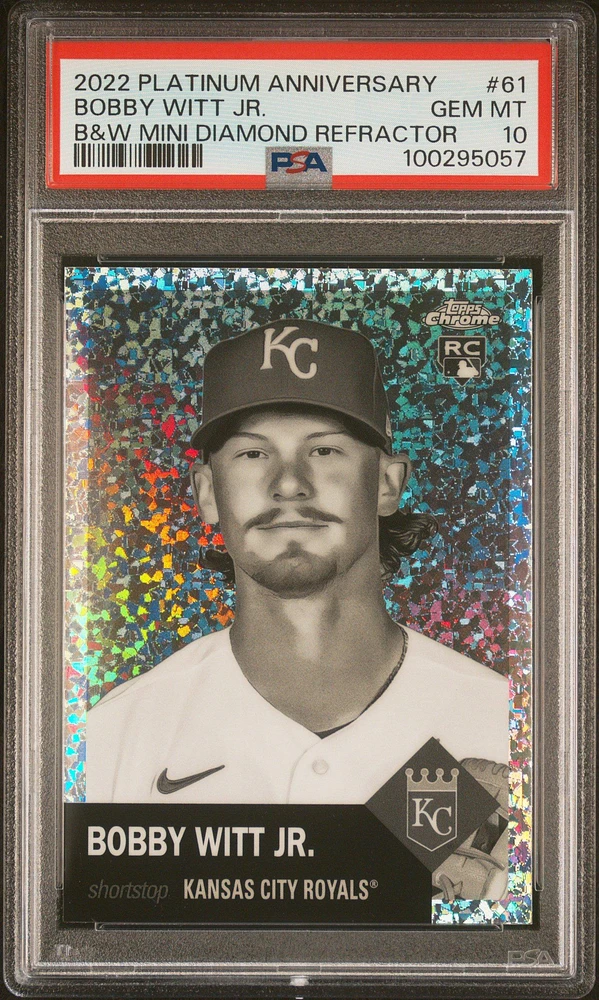 2022 Topps Chrome Platinum Anniversary 61 Bobby Witt Jr. Black & White Mini Diamond Refractor PSA 10